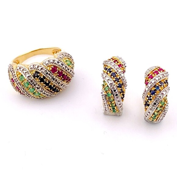 Ross Simmons Gold Over Sterling Set Multi Gem Bombe Ring n Huggie Hoop Earrings - Picture 1 of 15